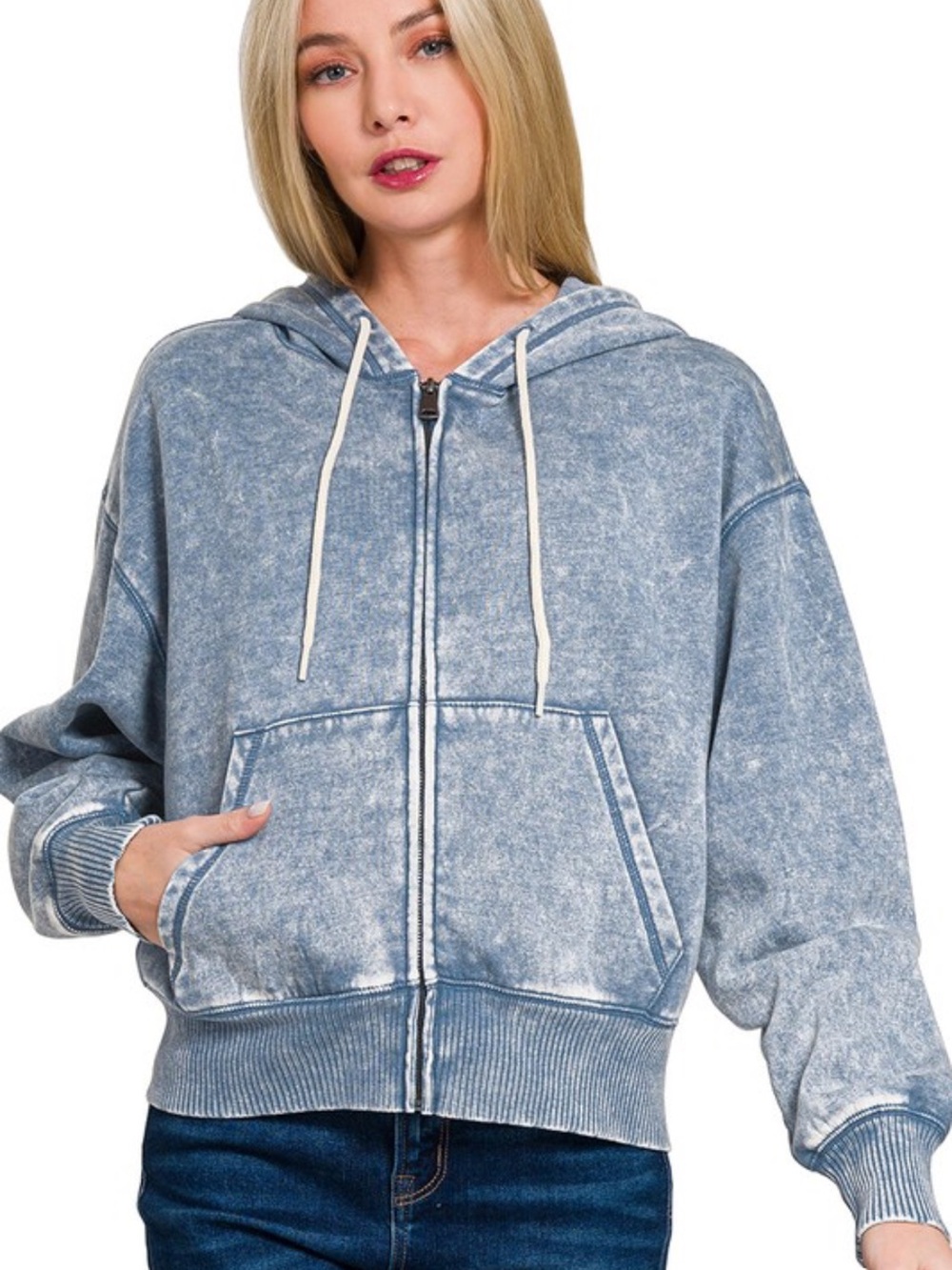 Zenana Washed Blue Cropped Zip-Up Hoodie for Women